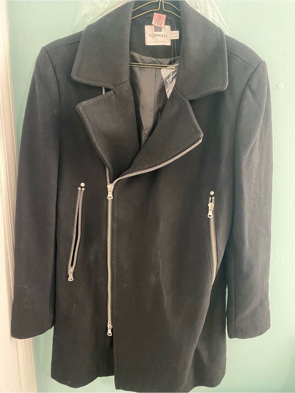 Topman Black Asymmetric Zip Pea Coat